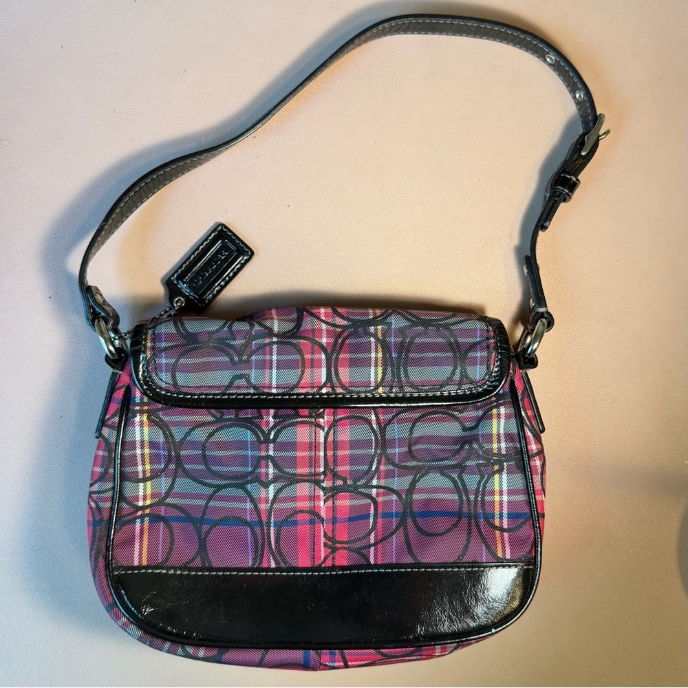 Coach Plaid Signature Turnlock Shoulder Bag Pink Purple Black Small Purse - Picture 4 of 12